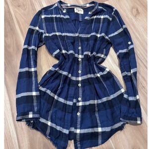 Holding Horses Blue Plaid Tunic Shirt Women Size 4 Button Down Long Sleeve a3